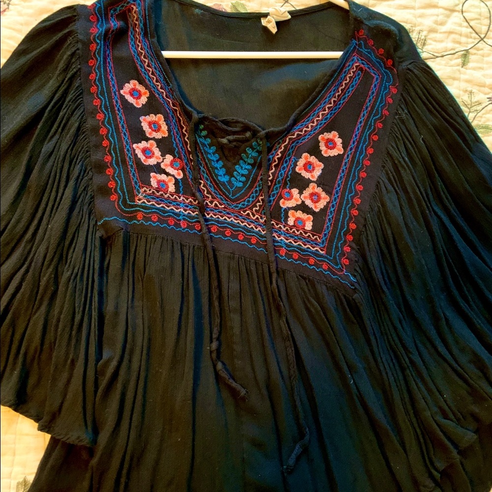 JAPNA Black Embroidered India Peasant Blouse M